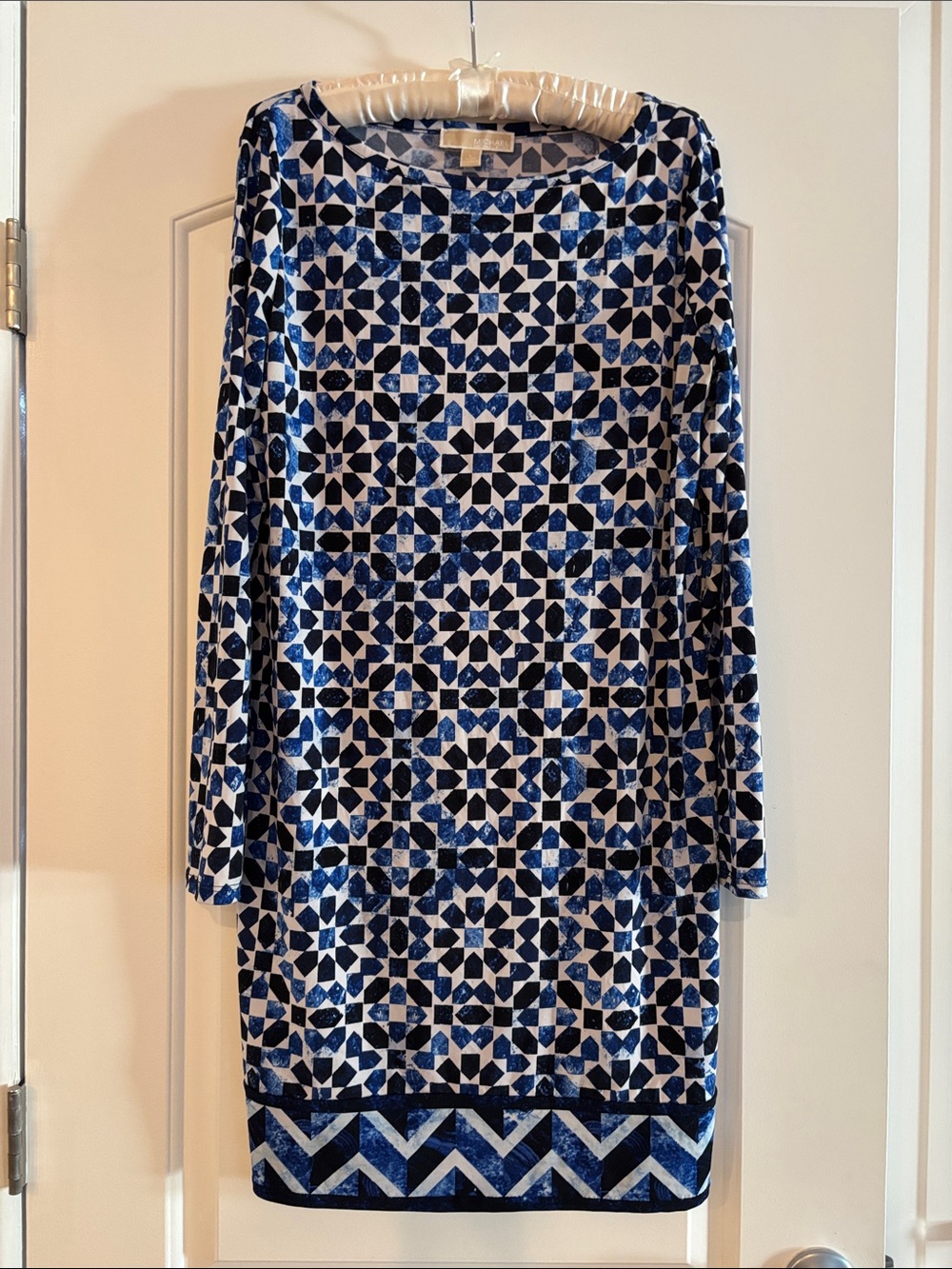 Michael Kors Navy and White Geometric Velvet Pencil Skirt